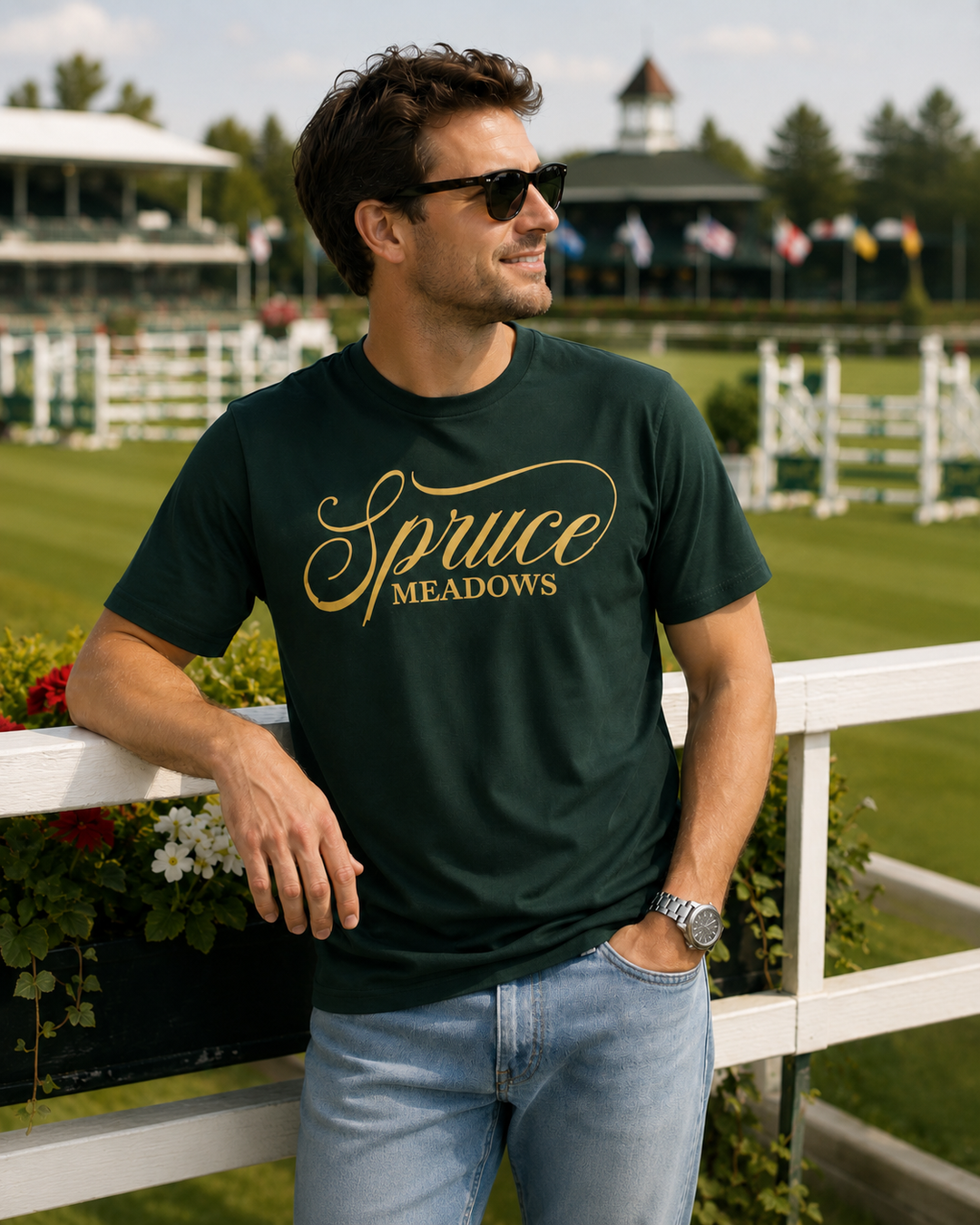 Spruce Meadows Signature Script Tee — Forest Green