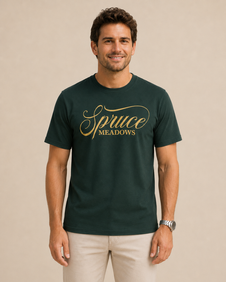 Spruce Meadows Signature Script Tee — Forest Green