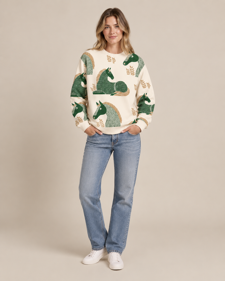Horse Print Relaxed Crewneck Sweatshirt